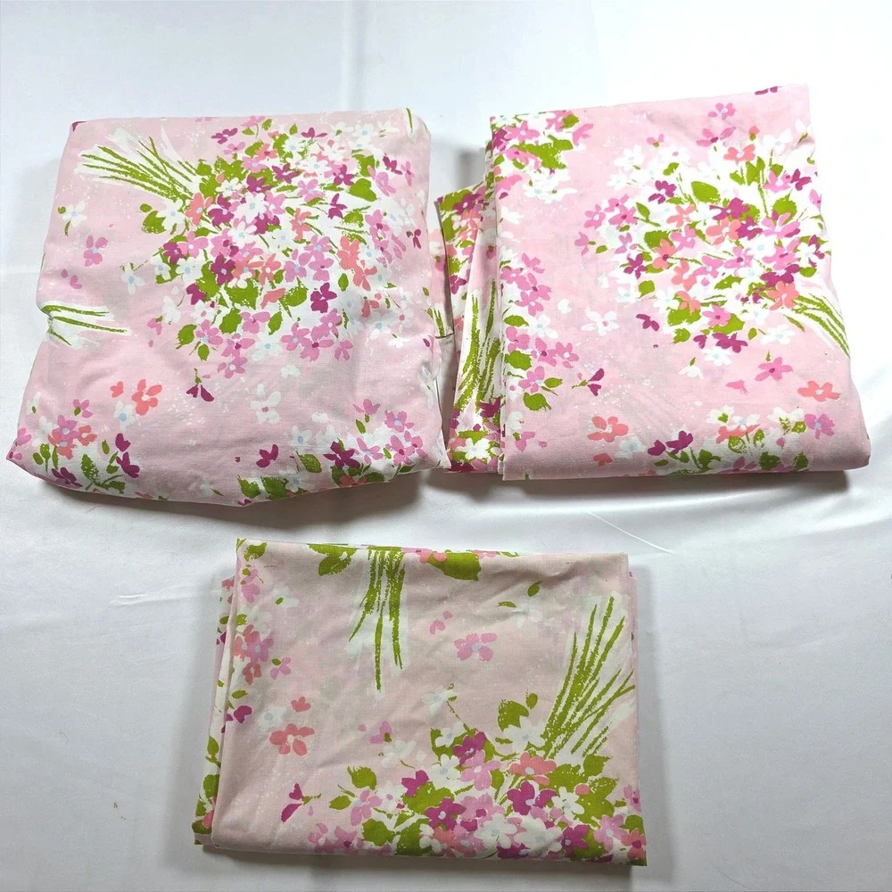 Vintage Burlington House Pink Floral Sheet Set Twin Percale 70s Made in USA